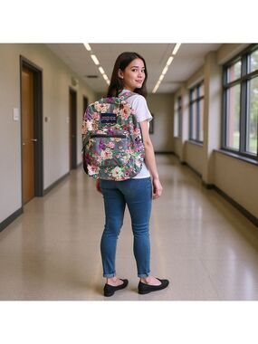 JanSport Cross Town School Backpack With Front Pocket Grey Bouquet Floral Print